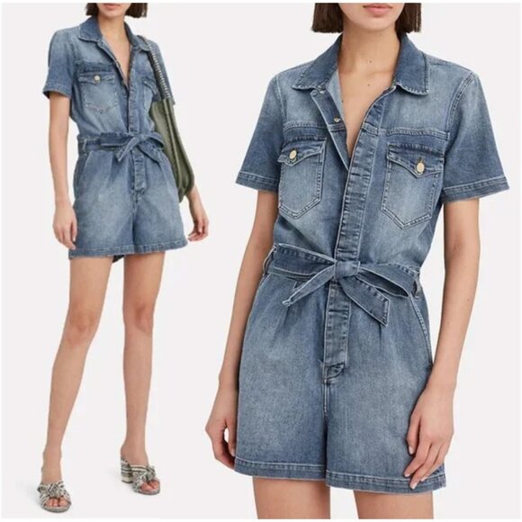 Frame Pleated Coverall Short Romper Button Front Playsuit Stretch Denim Maxson M - Picture 2 of 12